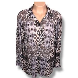 Vintage 3X Josephine Chaus Black Ivory Print Long Sleeve Stretch Geometric Print